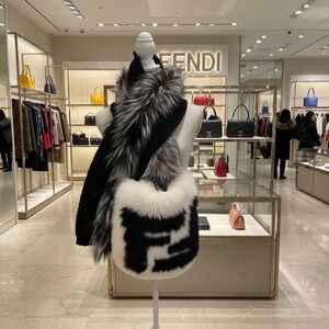 Fendi Black and White Fur Shawl Scarf With Pocket